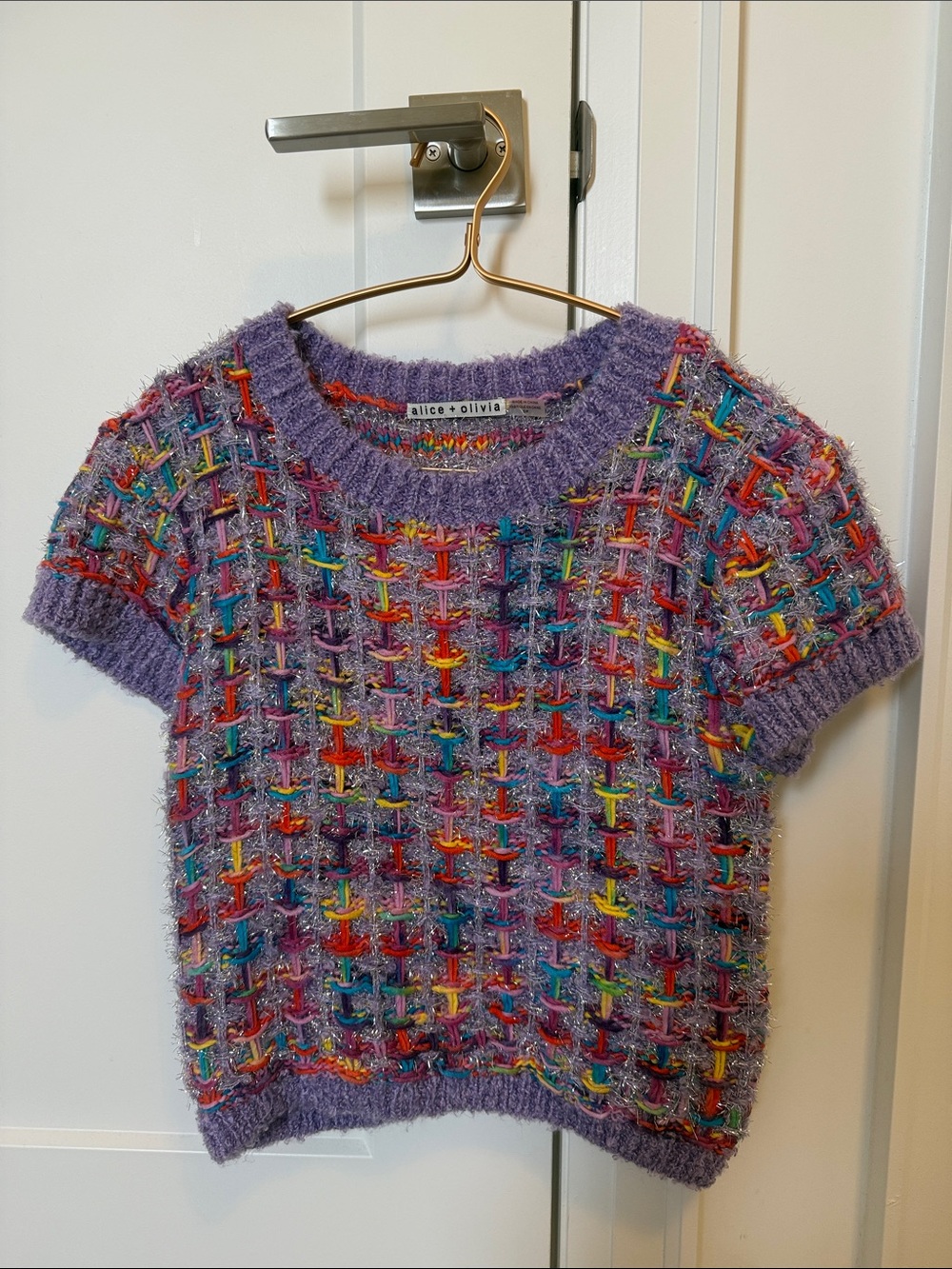 Alice + Olivia Lavender Tweed Short-Sleeve Crew Sweater with Multicolor Accents
